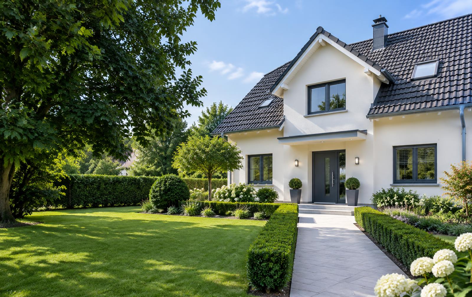 Gepflegtes Haus mit sauberem Eingangsbereich und Garten